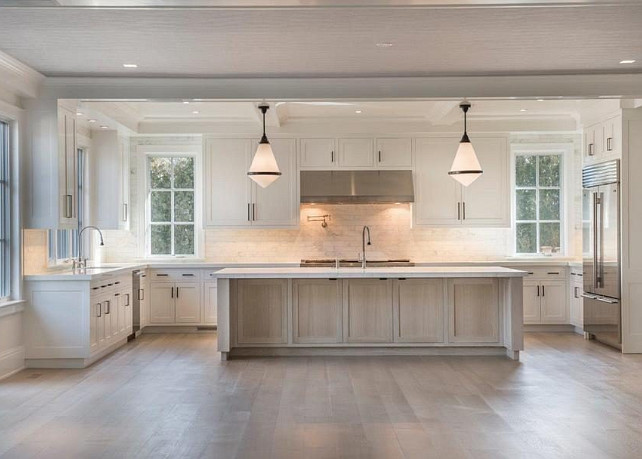 White Kitchen with whitewash island. White Kitchen with whitewash stained kitchen island. #WhiteKitchen #Whitewashisland #WhitewashStainedWood #WhitewashKitchenIsland Michael Davis Design and Construction.