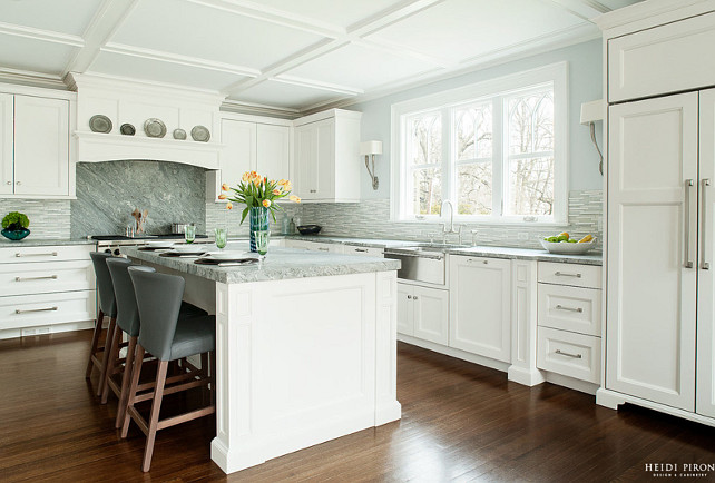 White Kitchen. White Kitchen Coffered Ceiling. White Kitchen Hardwood Floors. White Kitchen Countertop. White Kitchen Hardware. White Kitchen Island. White Kitchen Backsplash. #WhiteKitchen Heidi Piron Design.