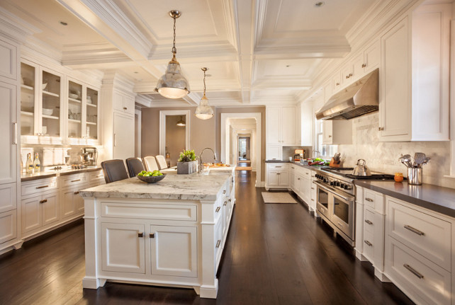 White Kitchen. White kitchen coffered ceiling. White kitchen marble island countertop. White Kitchen gray perimeter countertop. White Kitchen Marble backsplash. White Kitchen cabinet. #WhiteKitchen