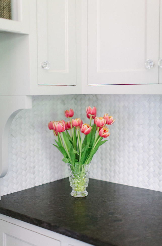 White Marble Braid Herringbone 1″ x 2″ Backsplash. Backsplash Ideas. #Backsplash #NewBacksplash #NewBacksplashIdeas #WhiteMarble #BraidHerringbone #BraidTiles #BraidBacksplash Jean Stoffer Design.