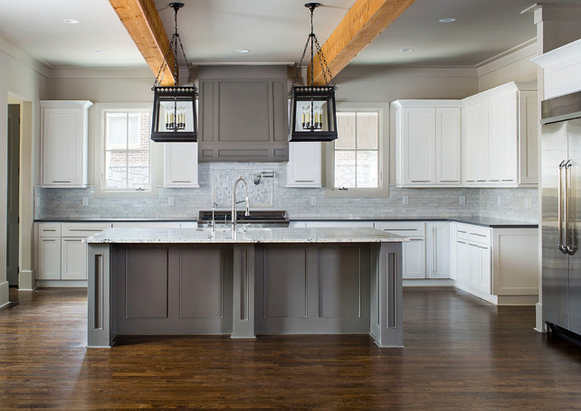 White kitchen with gray island. White kitchen with gray island ideas. The island lighting is from Restoration Hardware. #Kitchen #WhiteKitchen #GrayIsland Vikki Werbalowsky from La Bella Vie.