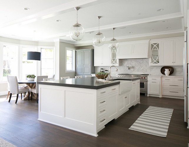 White kitchen. White Kitchen with gray countertop and herringbone backsplash. #WhiteKitchen #GrayCountertop #HerringboneBacksplash Brooke Wagner Design.