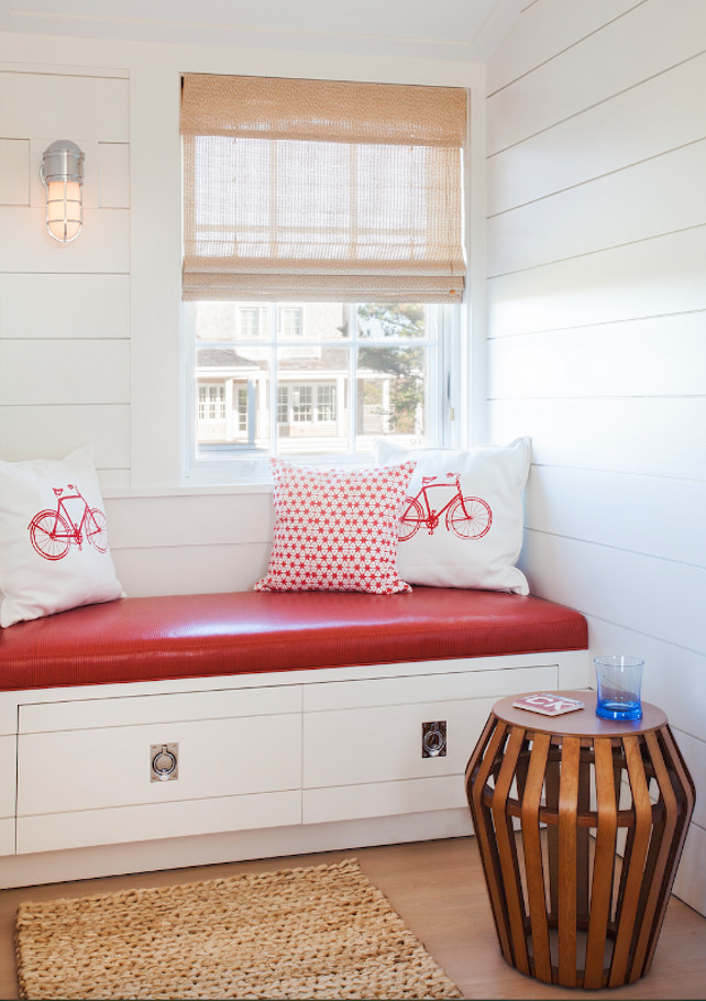 Window Seat Reading Nook. Built-in window seat with Campaign Hardware. Cottage. Reading Nook. Tongue and Groove. #ReadingNook #CampaingHardware #WindowSeat #TongueandGroove