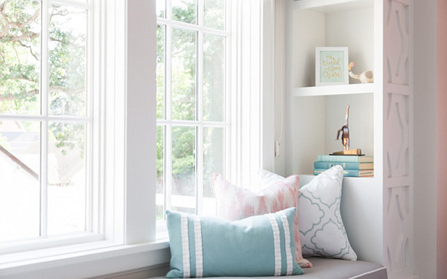 Window seat pillows. Window seat with pastel pillows. #Windowseat #Pastel #Pillows Photos by Caitlin Abrams.