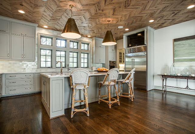 Wood Herringbone Ceiling Ideas. Kitchen Wood Herringbone Ceiling. Rustic Wood Herringbone Ceiling. #Kitchen #WoodCeiling #Herringbone Ceiling Avrea Wagner Interiors.