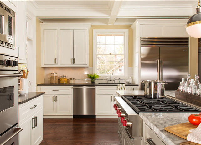 Kitchen Countertop Ideas. The Perimeter Countertops are 3cm Polished Ceasarstone Piatra Gray and the Island Countertop is a 3cm Polished Super White Marble. #Kitchen #Countertop #Marble #Ceasarstone