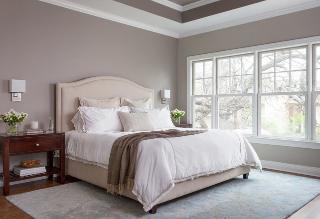 Bedroom Design. Bedroom Paint Color. Bedroom Lighting. Bedroom Ideas. This master bedroom features oak floors, Benjamin Moore River Reflections paint, and George Kovacs wall sconces in polished chrome with white linen shades. #Bedroom