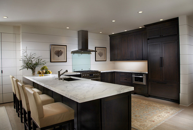 kitchen shiplap walls includ on two pantry doors and kitchen backsplash. #kitchen #darkcabinetKitchen #Shiplap