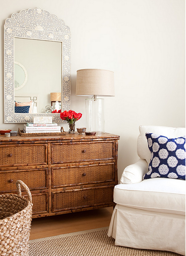 sisal rug white slipcover chai blue pillow bamboo dresser wicker dresser Jenny Wolf Interiors.