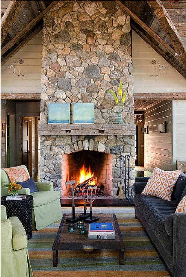 Rustic Stone Fireplace with reclaimed beam. Living room with Rustic Stone Fireplace with reclaimed beam. #Fireplace #StoneFireplace #LivingRoom #Rustic #RusticInteriors ##ReclaimedWood #Beams Kristina Crestin Design.